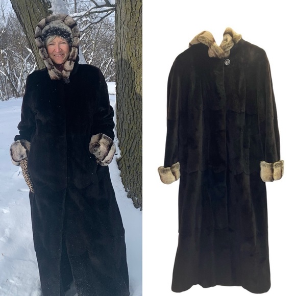Authentic Vintage Virgin Mink Maxi Fur Coat Chincilla Hood Cuffs Approx Medium